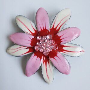 Starburst Floral Enamel Pendant Centre Pink Faceted Faux Stones White Red Pink